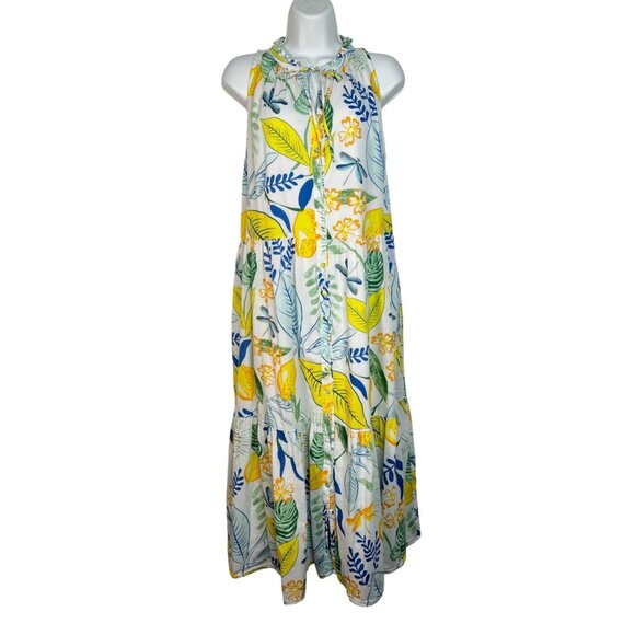 Olivia James Botanical Lemon Print Maxi Dress Tiered Boho Casual Small - Picture 4 of 12